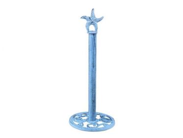 Rustic Dark Blue Whitewashed Cast Iron Starfish Extra Toilet Paper Stand 15""