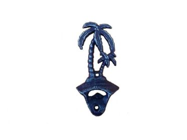 Rustic Dark Blue Cast Iron Wall Mounted Palm Tree Bottle Opener 6""
