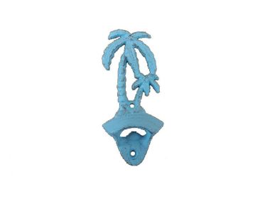 Rustic Light Blue Cast Iron Wall Mounted Palm Tree Bottle Opener 6""