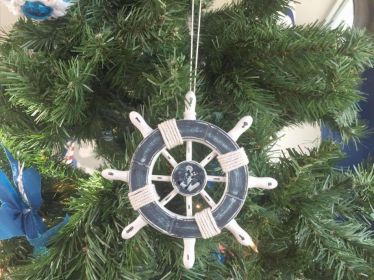 Rustic Dark Blue and White Decorative Ship Wheel With Anchor Christmas Tree Ornament 6&quot;