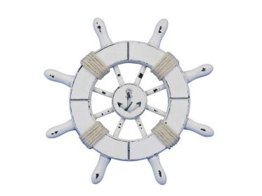 Rustic White Decorative Ship Wheel With Anchor 6""