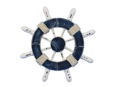 Rustic Dark Blue and White Decorative Ship Wheel 6""