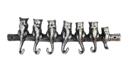 Rustic Silver Cast Iron Cat Wall Hooks 13""