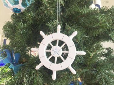 White Decorative Ship Wheel With Starfish Christmas Tree Ornament 6""
