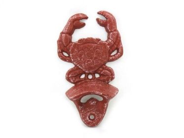 Red Whitewashed Cast Iron Wall Mounted Crab Bottle Opener 6""