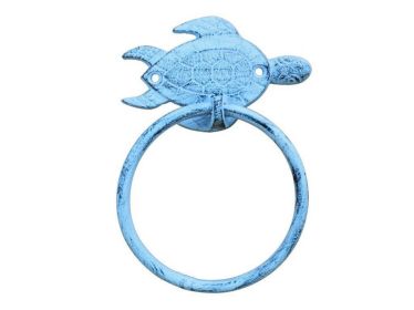 Dark Blue Whitewashed Cast Iron Sea Turtle Towel Holder 7""