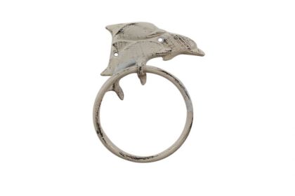 Whitewashed Cast Iron Dolphins Towel Holder 7""
