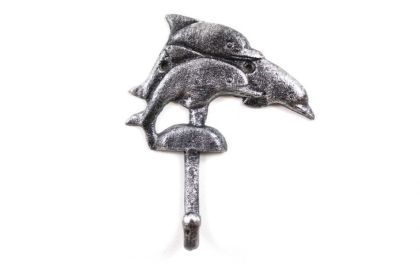 Rustic Silver Cast Iron Dolphins Wall Hook 6""