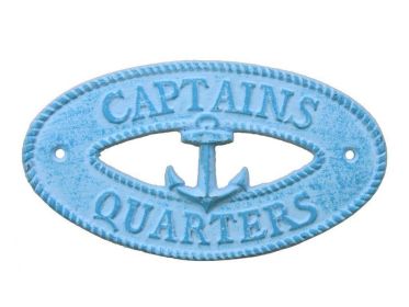 Light Blue Whitewashed Cast Iron Captains Quarters with Anchor Sign 8""