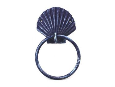 Rustic Dark Blue Cast Iron Seashell Towel Holder 8.5""