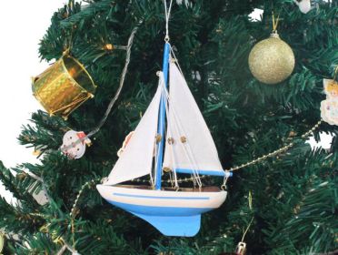 Wooden Light Blue Sailboat Model Christmas Tree Ornament 9""