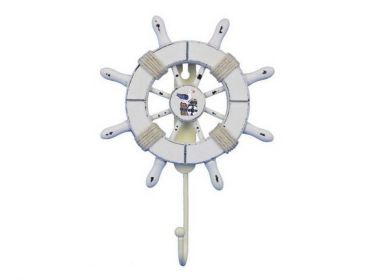 Rustic All White Decorative Ship Wheel with Seagull and Hook 8&quot;