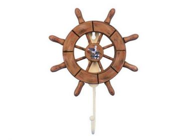 Rustic Wood Finish Decorative Ship Wheel with Seagull and Hook 8""