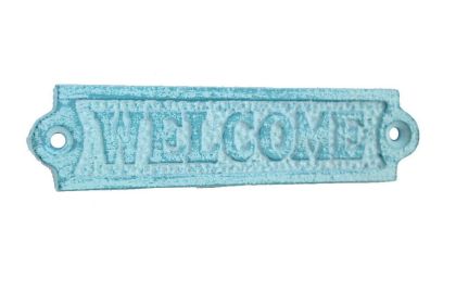 Rustic Light Blue Whitewashed Cast Iron Welcome Sign 6""