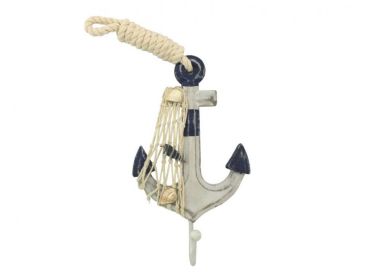 Wooden Rustic Decorative Blue and White Anchor with Hook 7""