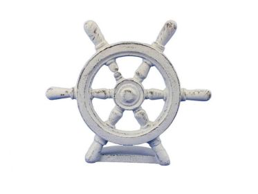 Whitewashed Cast Iron Ship Wheel Door Stopper 9""