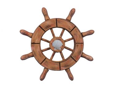 Rustic Wood Finish Decorative Ship Wheel With Seashell  6""