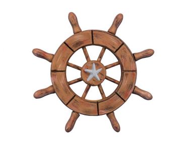 Rustic Wood Finish Decorative Ship Wheel With Starfish 6""