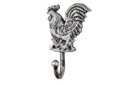 Rustic Silver Cast Iron Rooster Hook 7""