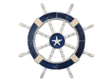 Rustic Dark Blue Decorative Ship Wheel with Starfish 18""