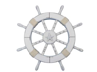 Rustic White Decorative Ship Wheel with Starfish 18""