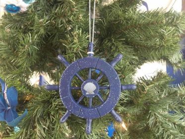 Rustic Dark Blue Decorative Ship Wheel With Seashell Christmas Tree Ornament  6""