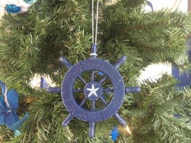 Rustic Dark Blue Decorative Ship Wheel With Starfish Christmas Tree Ornament 6""