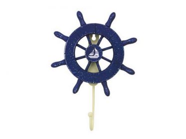 Rustic All Dark Blue Decorative Ship Wheel with Sailboat and Hook 8&quot;