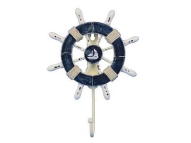 Rustic Dark Blue and White Decorative Ship Wheel With Sailboat and Hook 8&quot;
