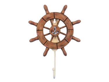 Rustic Wood Finish Decorative Ship Wheel with Anchor and Hook 8""