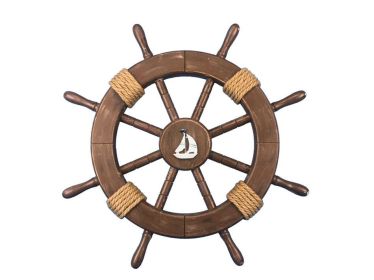 Rustic Wood Finish Decorative Ship Wheel with Sailboat 18""