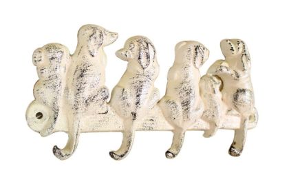 Whitewashed Cast Iron Dog Wall Hooks 8""