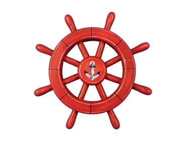 Rustic All Red Decorative Ship Wheel With Anchor 12""
