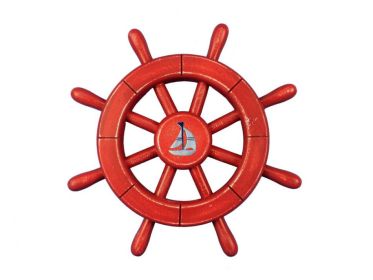 Rustic All Red Decorative Ship Wheel With Sailboat 12""