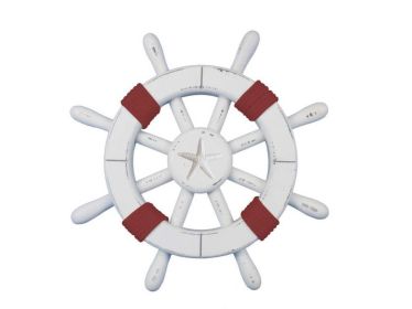 Rustic White Decorative Ship Wheel with Red Rope and starfish 12""