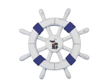 Rustic White Decorative Ship Wheel with Dark Blue Rope and Seagull 12""