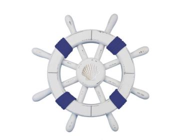Rustic White Decorative Ship Wheel with Dark Blue Rope and Shell 12""