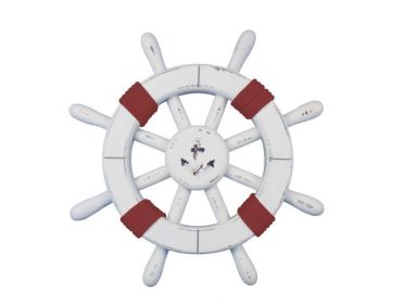 Rustic White Decorative Ship Wheel with Red Rope and anchor 12""