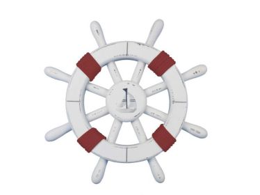 Rustic White Decorative Ship Wheel with Red Rope and sailboat 12""