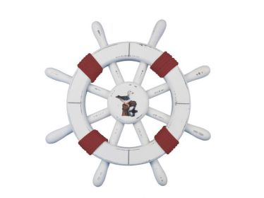 Rustic White Decorative Ship Wheel with Red Rope and seagull 12""
