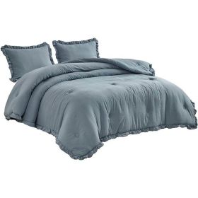 Queen Oversized Ruffled Edge Microfiber Comforter Set (Color: Blue)