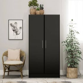Bedroom Armoire Wardrobe Cabinet with Hanging Rail in Wood Finish (Color: Black)