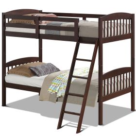 Twin over Twin Wooden Bunk Bed with Ladder (Color: Dark Brown Finish)