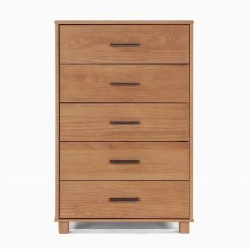 Modern Farmhouse Solid Wood 5 Drawer Bedroom Chest (Color: Light Brown Finish)