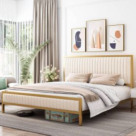 Full size Gold Metal Platform Bed Frame with Upholstered Headboard (Color: Beige White)