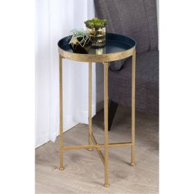 Gold Finish Metal Round End Table Nightstand with Removable Tray Top (Color: Navy Blue)