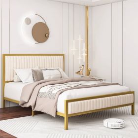 Queen size Gold Metal Platform Bed Frame with Upholstered Headboard (Color: Beige White)