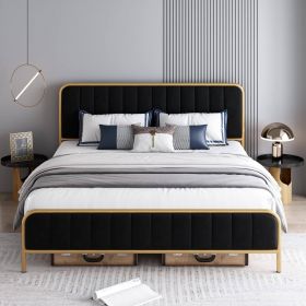King Gold Metal Platform Bed Frame with Velvet Upholstered Headboard (Color: Black)