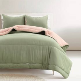 Twin/XL Soft Lightweight Reversible Quilted Comforter Set (Color: Green/Pink)