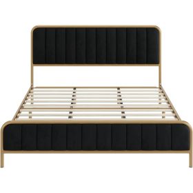 Queen Gold Metal Platform Bed Frame with Velvet Upholstered Headboard (Color: Black)